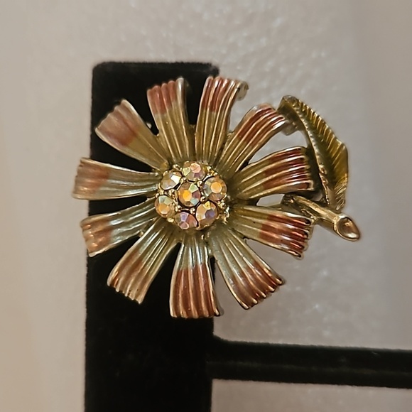 BSK AB Rhinestone on Silvertone & Pinkish Flower Clip-on Earrings - Picture 3 of 7